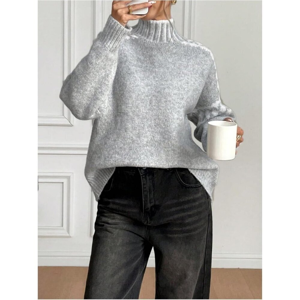 Women's Apricot High Neck Cozy Loose Knitted Long Sleeve Sweaters - Picture 5 of 6
